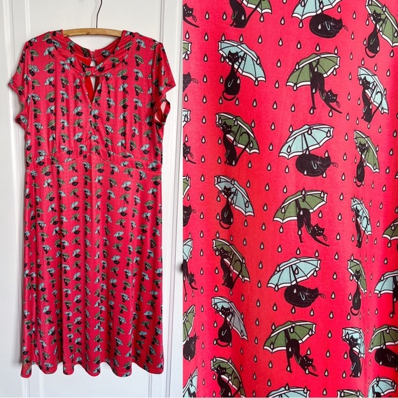 Lindy Bop • Juliet Dress fit & flare retro 1940s 1950s pinup red cat print knit - Picture 1 of 12